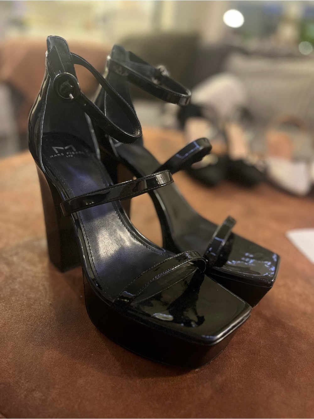 Marc Fisher Shiny Black Patent Platform Sandals with Ankle Strap